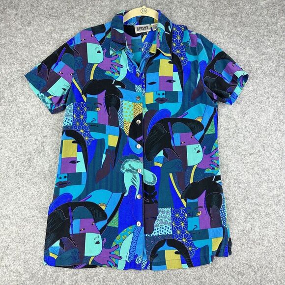 Chicos Silk Top Womens S Silk Abstract Geisha Asian Artsy Print Button Up Shirt - Picture 1 of 11